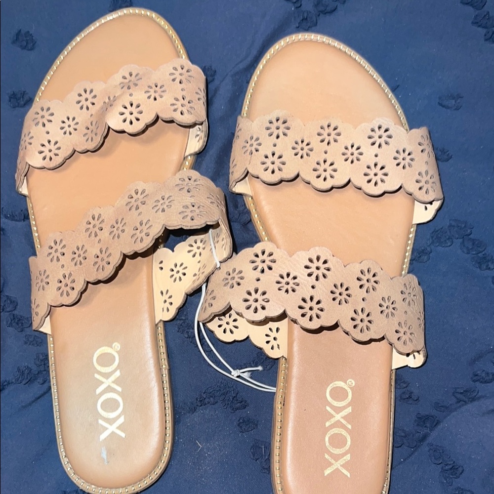 XOXO Tan Sandals with Floral Cutout Design